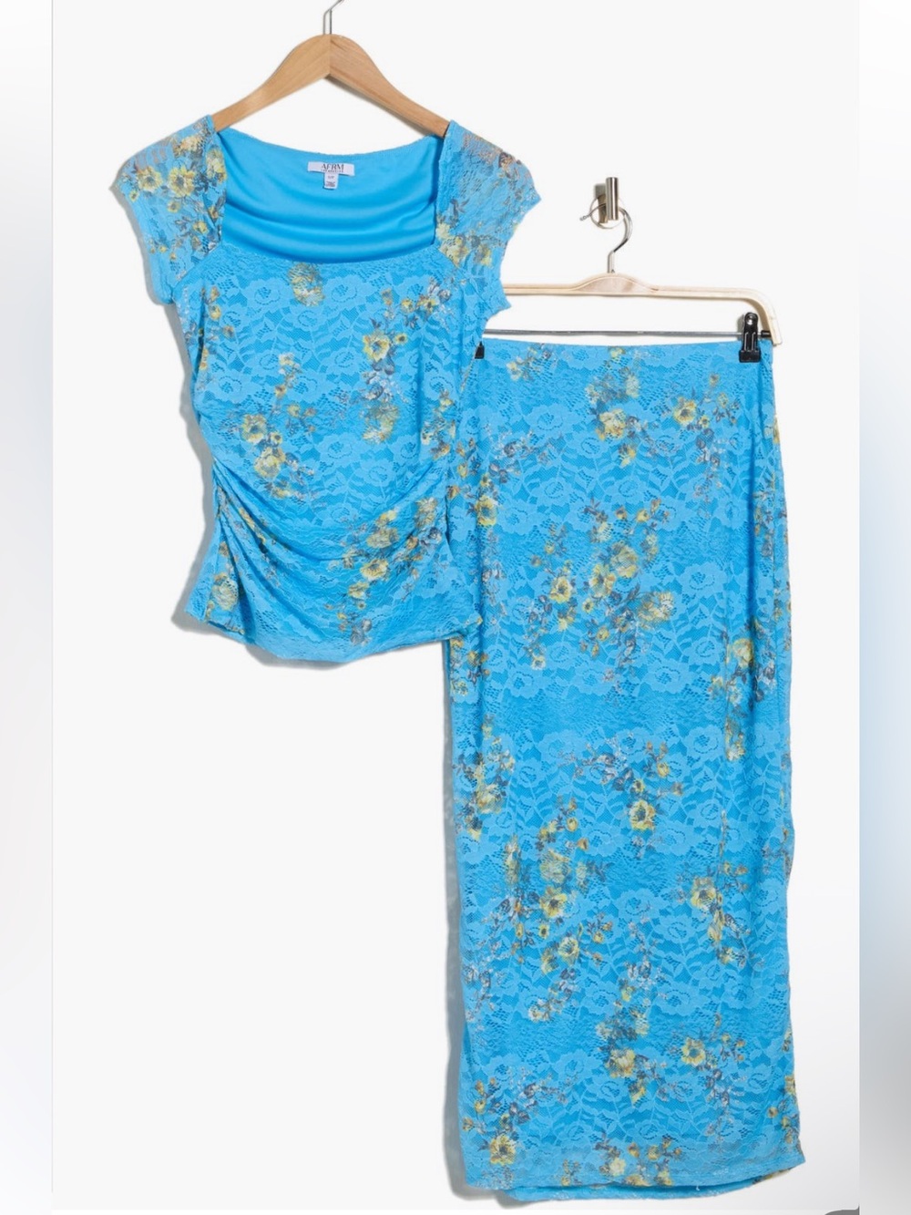 AFRM Blue Floral Lace Ruched Rini Daisy Top and Skirt Set